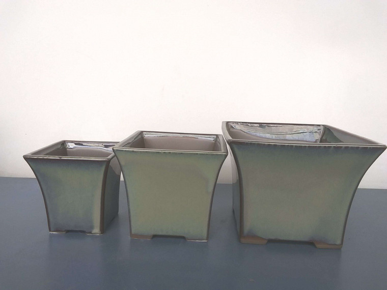 Japanese Yokkaichi Olive Green with Slight Teal Blue Tint on Edges Glazed Square 3.75"L, 5.25"L & 6"L Cascade Ceramic Bonsai Pots (3 Piece Set) - Main Image