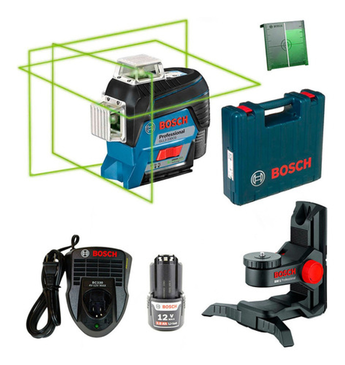 Bosch GLL3-330CG 200ft 360-Degree Green Beam Three-Plane Self-Leveling &  Alignment-Line Laser with (1) 12V Max Lithium-Ion 2.0 Ah Battery Charger,  BM1