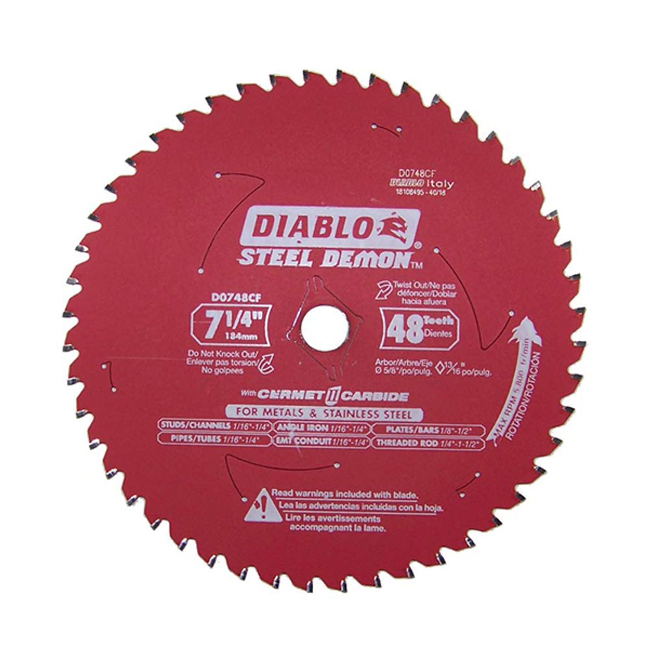 Freud FRE-D0748CF 7-1/4in X 48T Diablo Steel Demon Metal and Stainless  Steel Cutting Saw Blade CERMET II Carbide