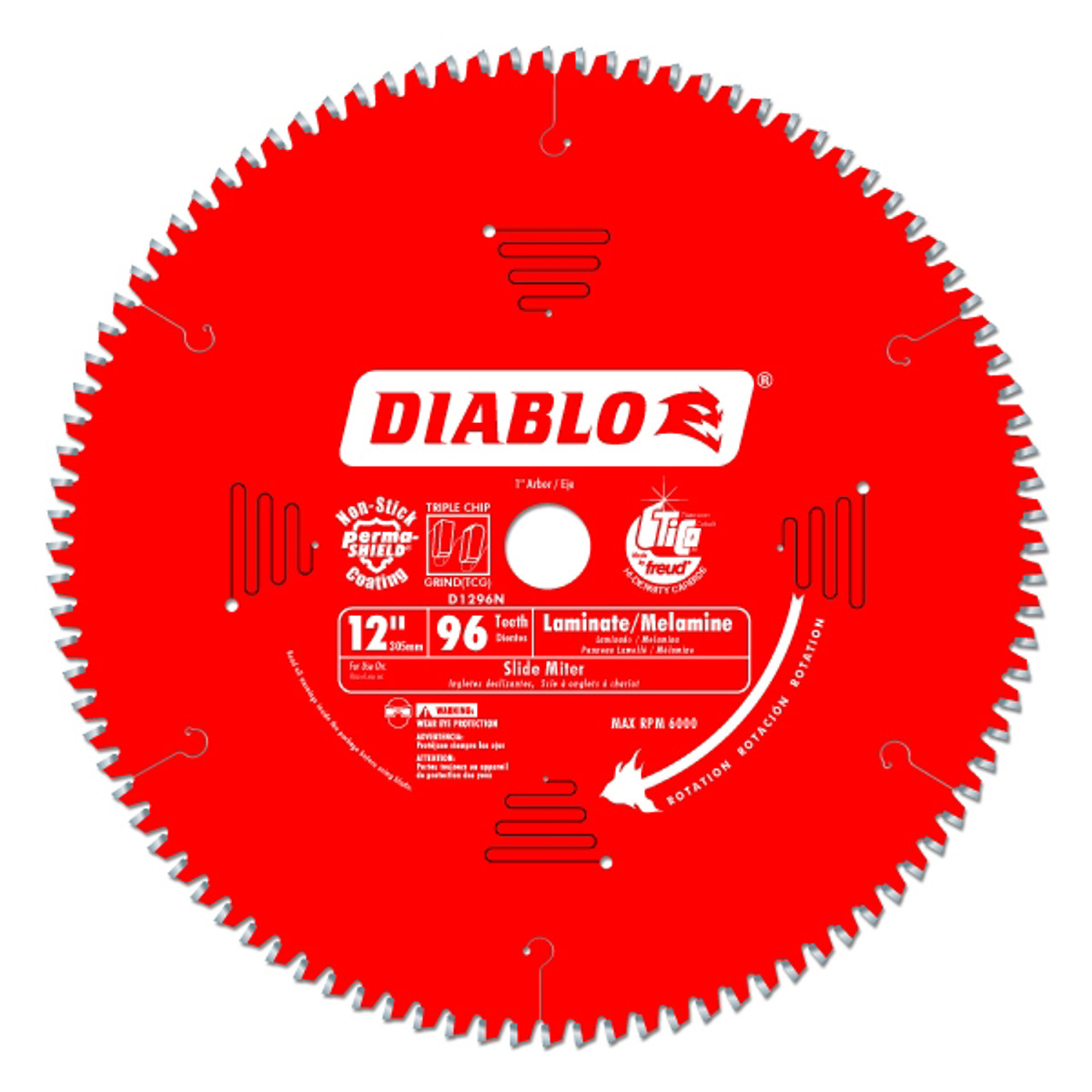Freud FRE-D1296N Diablo 12-Inch 96 Tooth TCG Non-Ferrous Metal and Plastic  Cutting Miter Saw Blade with 1-Inch Arbor Atlas-Machinery