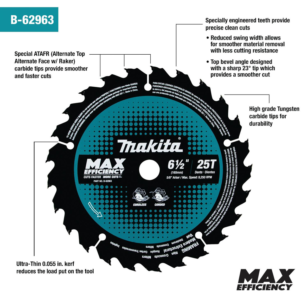 Makita MAK-B-62963 6-1/2in 25T Max Efficiency Carbide Tipped Circular Saw  Blade Atlas-Machinery