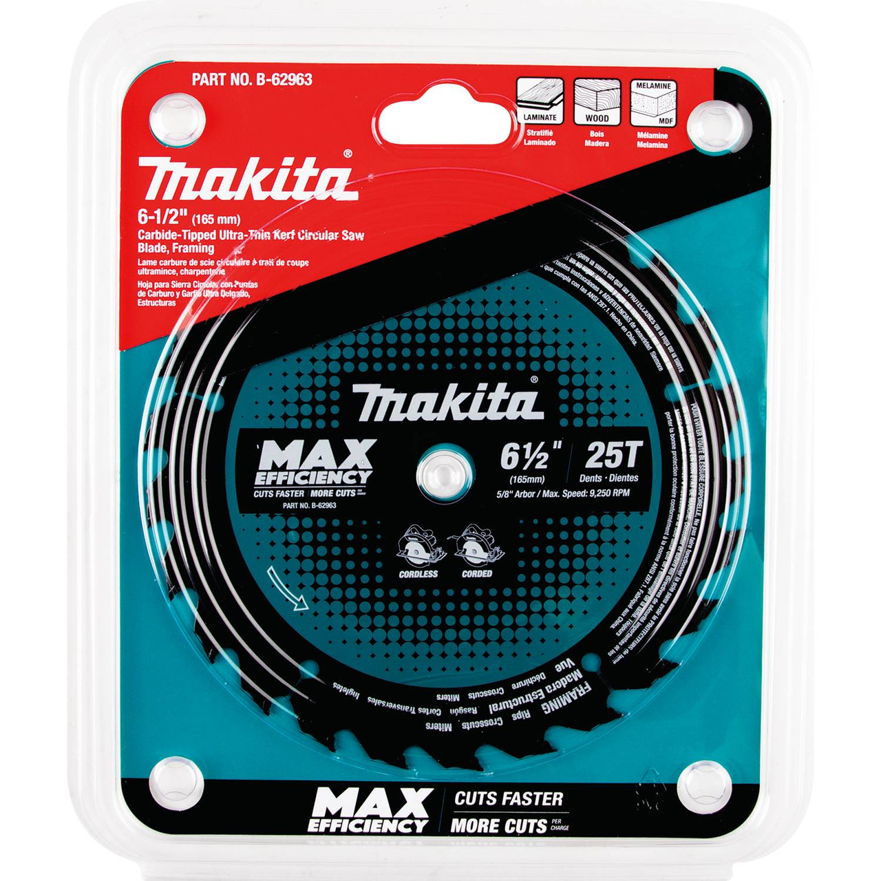 Makita MAK-B-62963 6-1/2in 25T Max Efficiency Carbide Tipped Circular Saw  Blade Atlas-Machinery