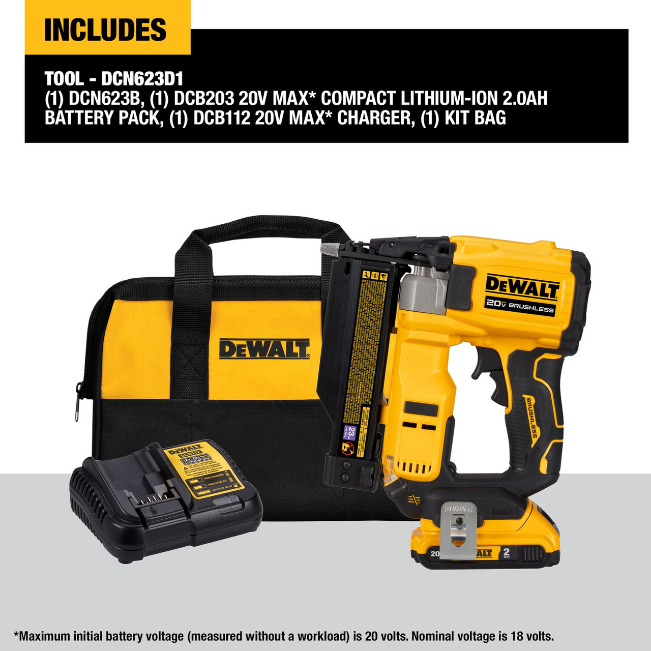 DEWALT DEW-DCN623D1 ATOMIC COMPACT SERIES 20V MAX Brushless Cordless 23 Ga.  Pin Nailer 2.0Ah Kit Atlas-Machinery