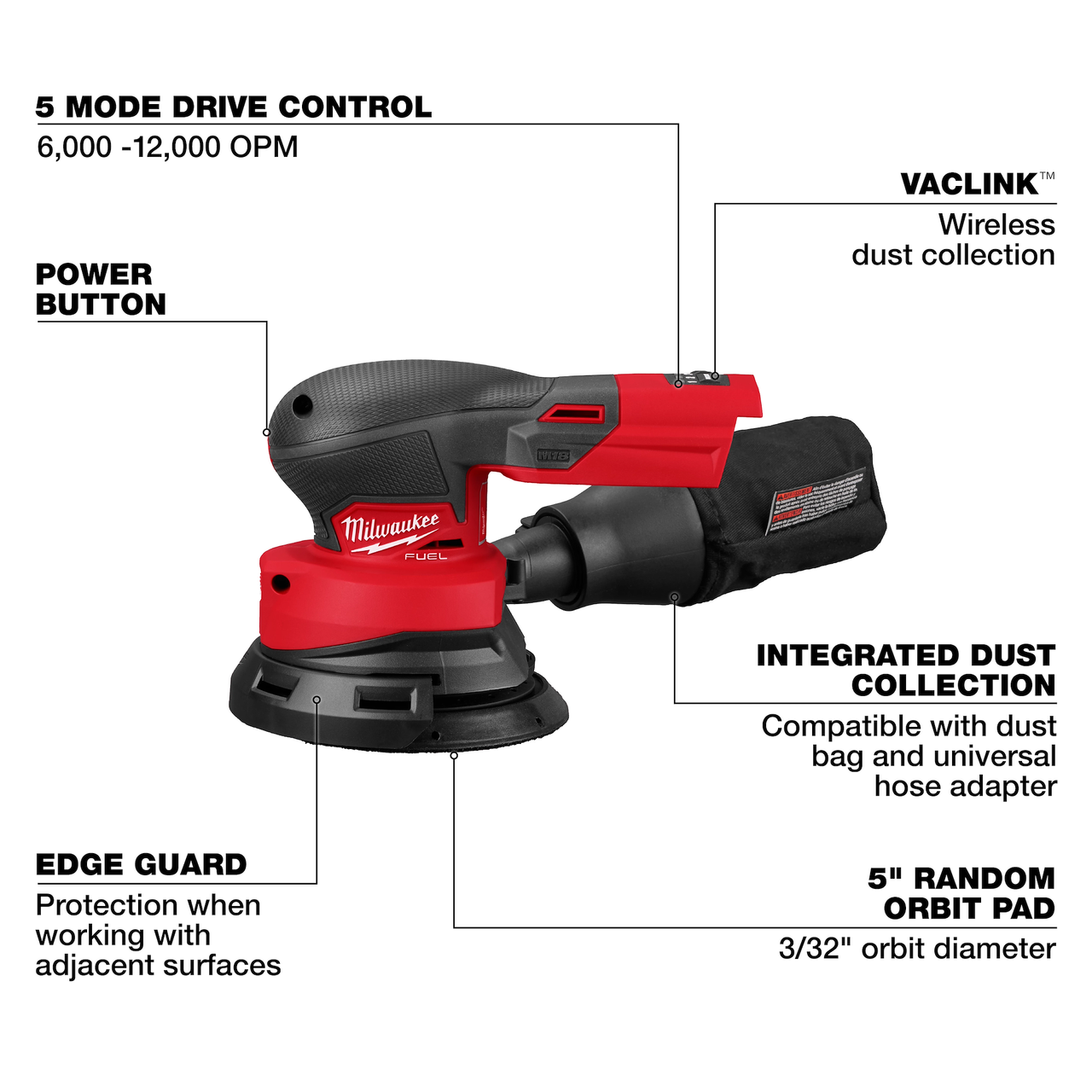 Milwaukee MIL-2837-20 M18 FUEL 5in Random Orbital Sander - Bare Tool ...