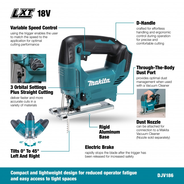 Makita MAK-DJV186Z 18V LXT Jig Saw with Handle Bare Tool - Atlas