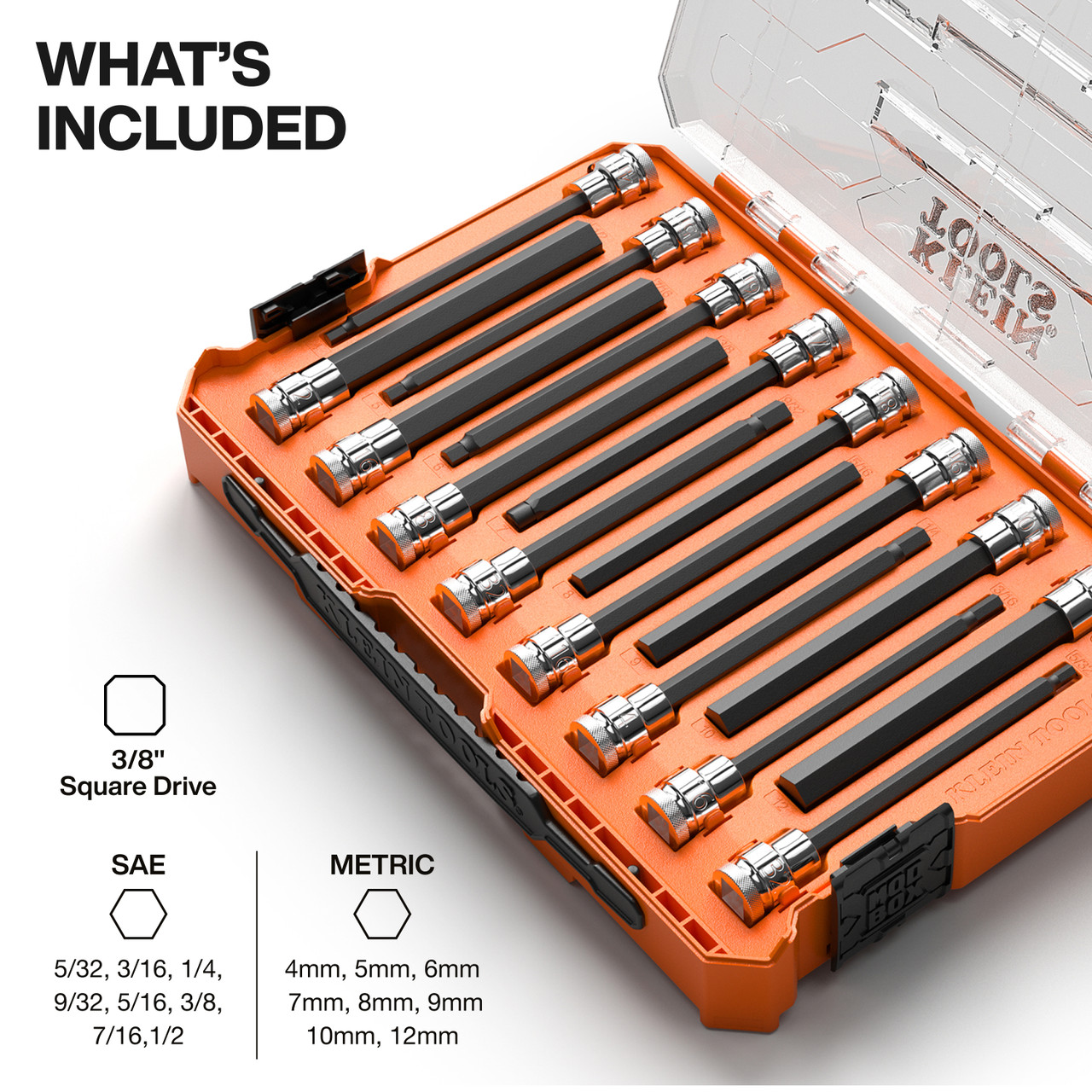 Klein Tools KLE-652216 16-Piece Long Hex Bit Socket Set, SAE and