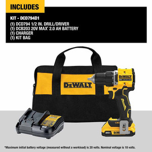 DEWALT DEW-DCD794D1 ATOMIC Compact Series 20V MAX Brushless 1/2in Drill/Driver 2.0Ah Kit