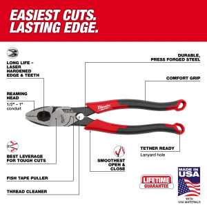 Milwaukee MIL-MT500T 9in Linesman Dipped Grip Pliers With Thread Cleaner - USA