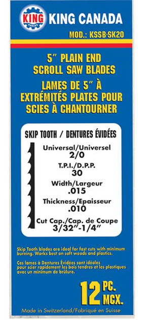 King Canada KING-KSSB-SK20 Scroll Saw Blades 30TPI PK12