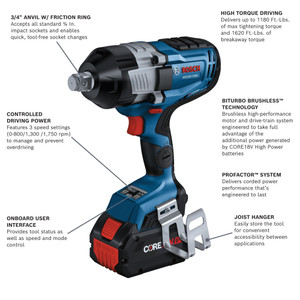 Bosch BOS-GDS18V-1180CB28 18V PROFACTOR  Brushless 3/4in High Torque Impact Wrench Kit with (2) 8.0Ah Batteries