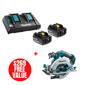 Makita MAK-Y-00359-DHS680Z DC18RD Dual Charger + 2x 5.0Ah Batteries with 6-1/2in 18V Li-Ion Brushless Circular Saw Kit