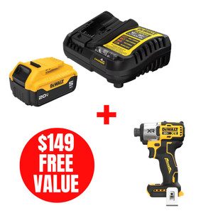 Dewalt DEW-DCB205C-DCF845B 20V MAX XR Lithium-Ion 5.0Ah Battery with Charger + 1/4in 3-Speed Impact Driver