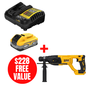 DEWALT DEW-DCBP520C-DCH133B 20V MAX XR 5.0Ah Starter Kit + DCH133B Rotary Hammer Bare Tool