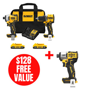 DEWALT DEW-DCK225D2-DCF845B 20V MAX ATOMIC Brushless Compact 1/2in Drill Driver and Impact Driver 2-Tool Combo Kit 1/4in 3-Speed Impact Driver
