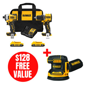 DEWALT DEW-DCK225D2-DCW210B 20V MAX ATOMIC Brushless Compact 1/2in Drill Driver and Impact Driver 2-Tool Combo Kit + 5in Random Orbital Sander