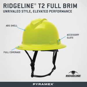 Pyramex PYR-HPT256131 Ridgeline Type 2 Non-Vented Full Brim Hard Hat - Hi-Vis Lime