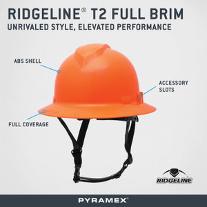 Pyramex PYR-HPT256141 Ridgeline T2 Non-Vented Full Brim Hard Hat - Hi-Vis Orange