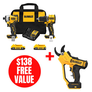 DEW-DCK225D2-DCPR320B 20V MAX ATOMIC Brushless Compact 1/2in Drill Driver and Impact Driver 2-Tool Combo Kit + 20V MAX  1-1/2in Pruner Bare Tool