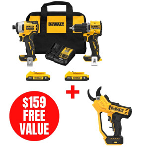 DEW-DCK225D2-DCPR320B 20V MAX ATOMIC Brushless Compact 1/2in Drill Driver and Impact Driver 2-Tool Combo Kit + 20V MAX  1-1/2in Pruner Bare Tool