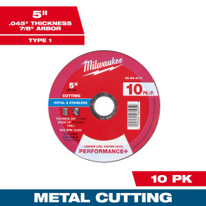 Milwaukee MIL-49-94-0111 5in x 0.045in x 7/8in Performance Plus Metal Cut Off Wheel Type 1 10-Pack