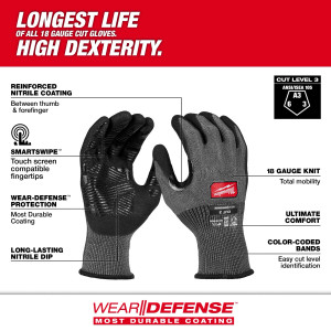 Milwaukee MIL-48-73-693XX Cut Level 3 High Dexterity Nitrile Dipped Gloves with Wear-Defense Protection