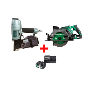Metabo HPT HPT-NV65AH2M-C3607DWAQ4M-UC18YSL3B1 2-1/2in Coil Siding Nailer and 36V MultiVolt 7-1/4in Rear Handle Circular Saw 4.0Ah Kit