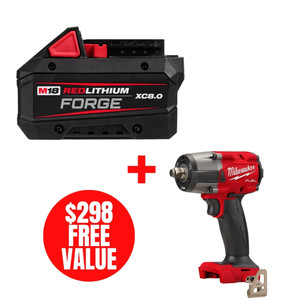 Milwaukee MIL-48-11-1881-2962-20 M18 REDLITHIUM FORGE XC8.0 Battery + BONUS M18 FUEL 1/2in Mid-Torque Impact Wrench w/ Friction Ring