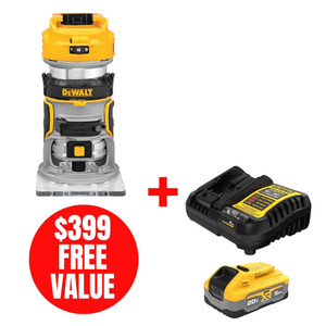 DEWALT DEW-DCW600B-DCBP520C 20V MAX XR Brushless Cordless Compact Router + XR 5.0Ah Starter Kit