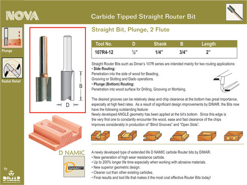 Dimar DIM-107R4-12 1/2in Dia Carbide Tipped Straight Bit 2 Flute 1/4in Shank