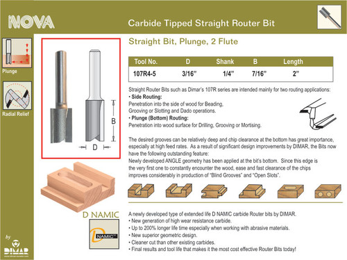 Dimar DIM-107R4-5 3/16in Dia Carbide Tipped Straight Bit 2 Flute 1/4in Shank 2in Length