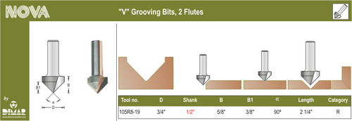 Dimar DIM-105R8-19 3/4in Dia Carbide Tipped V-Groove Bit 90deg 2 Flute 1/2in Shank 3/8in Depth