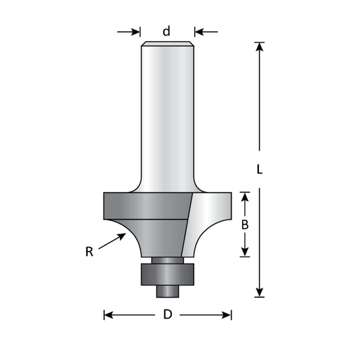 Dimar DIM-109R8-10 1-1/4in Dia Carbide Tipped Rounding Over Bit Ball Bearing 2 Flute 1/2in Shank 3/16in Radius