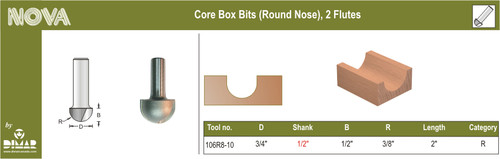 Dimar DIM-106R8-10 3/4in Dia Carbide Tipped Core Box Bit 3/8in Radius 2 Flute 1/2in Shank 2in Length