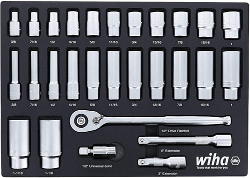 Wiha Tools WIHA-33896 28 pc 1/2" Drive Professional Standard and Deep Socket Foam Laser Cut Set - SAE