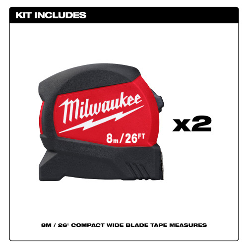 Milwaukee MIL-48-22-0426G 8M/26FT Compact Wide Blade Tape Measure 2-Pack