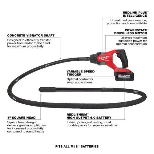 Milwaukee MIL-2911-21 M18 FUEL 8ft Concrete Pencil Vibrator 6.0Ah Kit