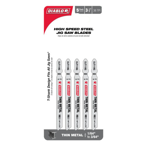 Diablo FRE-DJT118G5 3-5/8in 36 TPI HSS T-Shank Jig Saw Blades for Thin Metal 5-Pack