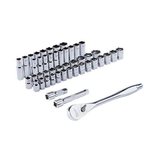 Milwaukee MIL-48-22-9010 47pc 1/2in Drive Metric & SAE Ratchet and Socket Set with FOUR FLAT Sides