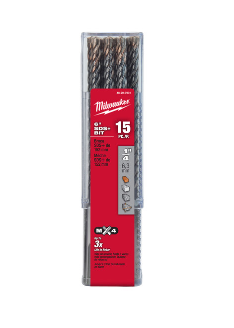 Milwaukee MIL-48-20-1/4IN-15PKXX 15pk 1/4in MAX 4-Cutter SDS-Plus Rotary Hammer-Drill Bit