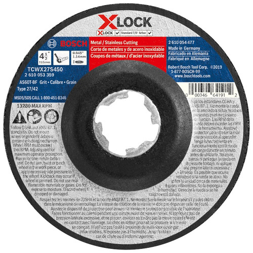Bosch BOS-TCW1S-4/5INXX 4.5in X-LOCK Arbor Type 1A (ISO 41) 60 Grit Fast Metal/Stainless Cutting Abrasive Wheel
