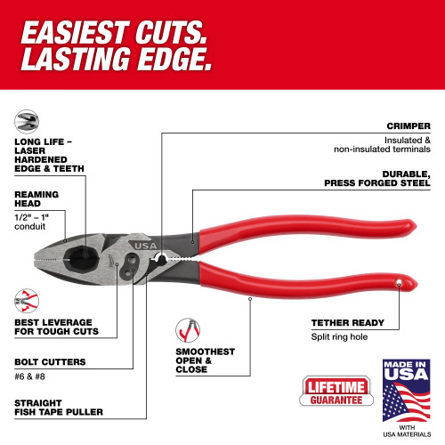 Milwaukee MIL-MT500C 9in Lineman's Pliers with Crimper and Bolt Cutter (USA)