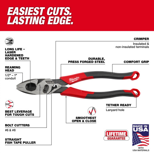 Milwaukee MIL-MT550C 9in Linesman Comfort Grip Pliers With Crimper Bolt Cutter - USA