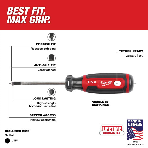 Milwaukee MIL-MT212 6in Cushion Grip Screwdriver 3/16in CABINET USA