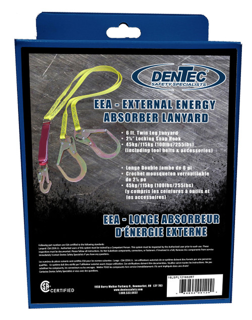 Dentec DEN-16LSPL121602RT 6ft Twin EEA (External Energy Absorber) Lanyard W/2-1/4 Hooks