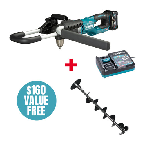 Makita MAK-DG001GM105-E-12778 Brushless 40V MAX XGT 4.0 Ah 1/2 Earth Auger with ADT Kit + BONUS Ice Auger Drill Bit