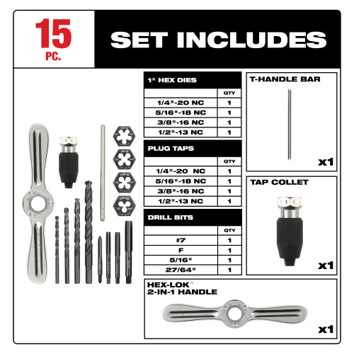 Milwaukee MIL-49-22-5602 15PC SAE Tap and Die Set with Hex-LOK 2-in-1 Handle