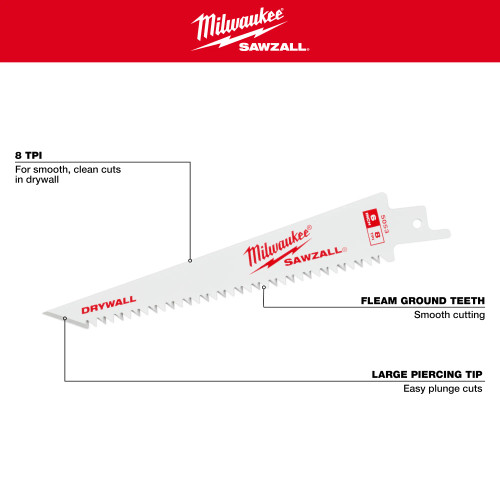Milwaukee MIL-48-00-5053 6In 8TPI Drywall SAWZALL Blades 3 Pack
