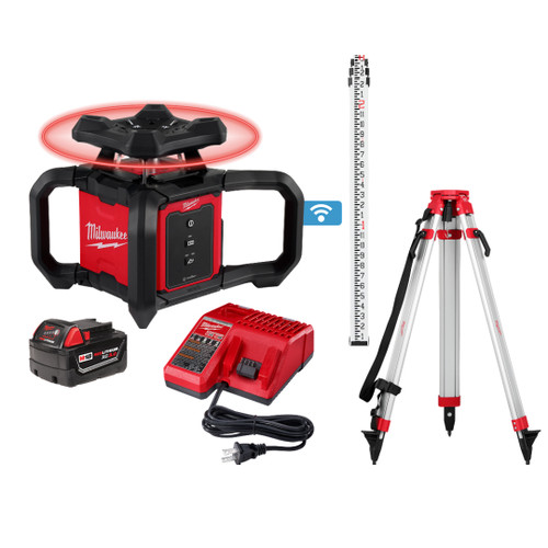 Milwaukee MIL-3701-21T M18 Red Exterior Rotary Laser Level Kit w/ Receiver, Tripod, & Grade Rod