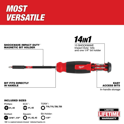 Milwaukee MIL-48-22-2915 14-in-1 Multi-Bit Screwdriver With SHOCKWAVE Impact Duty Bits