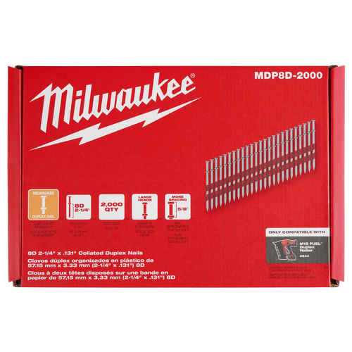 Milwaukee MIL-MDP8D-2000 8D 2-1/4in x .131in Collated Duplex Nails - 2000 Per Box